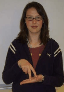 Animated ASL sign for jump, step 1: V fingers standing on an open palm