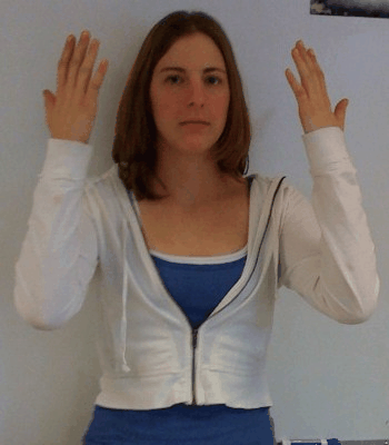 Animated ASL sign for sad, step 1: open hands held in front of the face